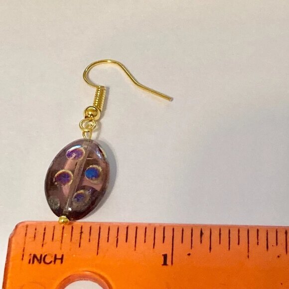 Murano Art Glass Oval Bead Earrings Czech Blue Circles Gold Plated HandMade - Picture 10 of 10